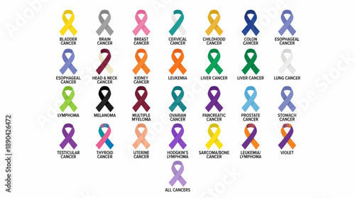 Cancer Awareness Ribbon Vector Chart – 25 Color-Coded Symbols Representing Specific Cancer Types for Advocacy, Support, and Health Education Design Use