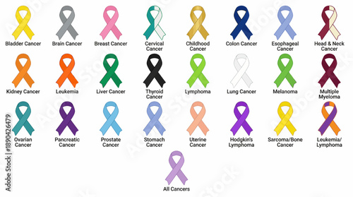 Cancer Awareness Ribbon Vector Chart – 25 Color-Coded Symbols Representing Specific Cancer Types for Advocacy, Support, and Health Education Design Use