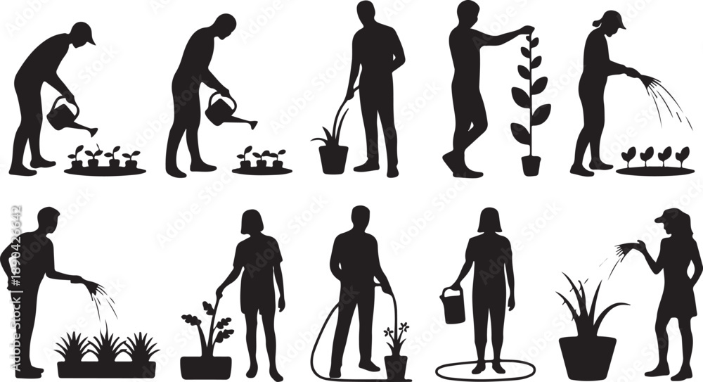 Obraz premium People Gardening and Caring for Plants Silhouettes watering vegetables