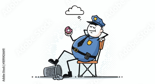 Cartoon police officer relaxing and dreaming of donuts.