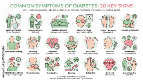 Diabetes Symptoms Vector Infographic – 20 Key Warning Signs for Health Awareness, Early Detection, and Medical Education Design Use