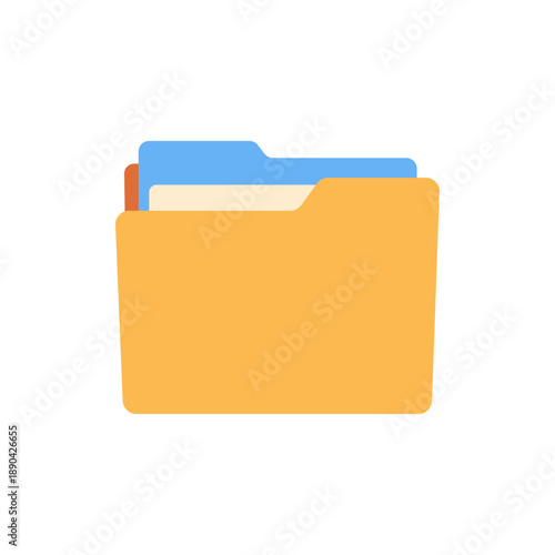 Yellow file folder with documents tab, colorful vector flat style illustration