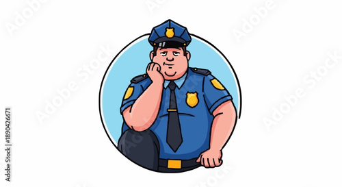 Cartoon police officer resting chin on hand looking thoughtful.
