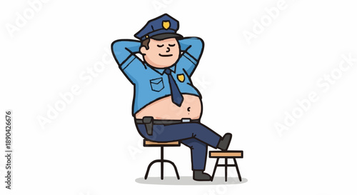 Cartoon Police Officer Relaxing Sitting Chair.