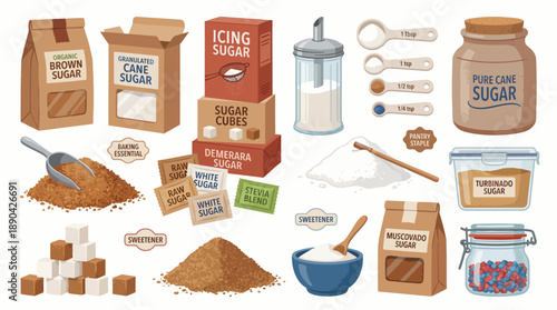 Sugar Product Packaging Vector Illustration – Diverse Sweetener Types in Culinary Containers Including Brown, Cane, Cubes, and Packets for Food and Nutrition Design Use