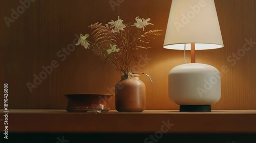 Wallpaper Mural Elegant table lamp emitting a soft, warm glow, sitting on a wooden shelf next to a minimalist terracotta vase holding dried flowers, creating a cozy and serene ambiance Torontodigital.ca