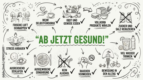 Healthy Habits Vector Infographic – German Wellness Tips Featuring Nutrition, Sleep, Movement, Hydration, and Stress Reduction Icons for Lifestyle Education Design Use