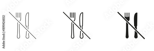 Fork And Knife With Prohibition Icon Set. No Eating, Fasting, And Dietary Restriction Outline And Silhouette Symbol Collection. Food Restriction And Health Awareness. Isolated Vector Illustration