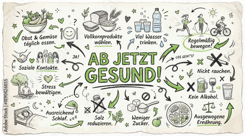 Healthy Habits Vector Infographic – German Wellness Tips Featuring Nutrition, Sleep, Movement, Hydration, and Stress Reduction Icons for Lifestyle Education Design Use