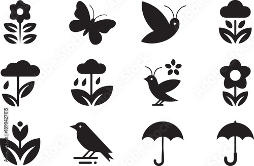 Set of black icons representing spring and nature elements on a white background Keywords: spring, nature, icon, silhouette, black, white background, flower, butterfly, bird, rain cloud, umbrella