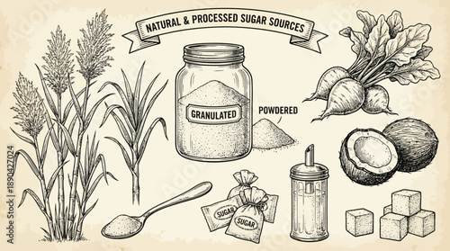 Natural & Processed Sugar Sources Vector – Vintage Ingredient Guide Featuring Cane, Beet, Coconut, Cubes, and Packets for Culinary and Nutrition Design Use