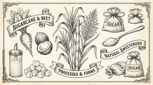 Natural & Processed Sugar Sources Vector – Vintage Ingredient Guide Featuring Cane, Beet, Coconut, Cubes, and Packets for Culinary and Nutrition Design Use