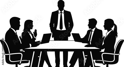 Business team meeting silhouette, manager leading discussion at conference table with professionals using laptops, corporate teamwork concept isolated on white