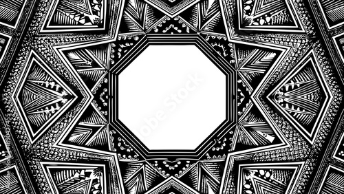 Highly detailed monochrome star frame surrounds a bright central octagonal opening perfect for placing important text or product.