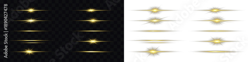 Gold line light glow with sparkle and flare shine. Glowing horizontal gold light line with radiant shine. Use this transparent PNG Overlay to enrich your glowing abstract or futuristic compositions.