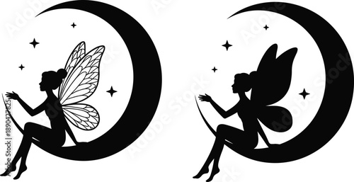 Fairy silhouette sitting on crescent moon, fantasy illustration, black and white magical vector, mythical fairy night design artwork set collection
