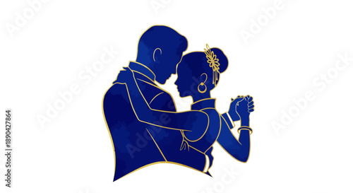 Elegant Couple Dancing Silhouette Illustration in Blue and Gold