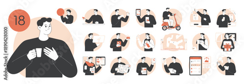 mega set of business concept illustrations, vector scenes with men and women participating in office work, meetings, presentations, and corporate activities.