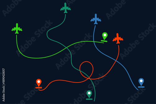 Modern flight route map illustration with colorful airplane paths and location pins on dark background. Concept of air travel, navigation, airline routes, global transportation and travel planning.