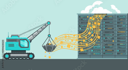 Data Mining Concept: Crane moves data into large cloud server rack illustration