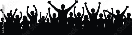Cheering crowd silhouette with raised hands, excited people celebrating success, teamwork and victory concept isolated on white background