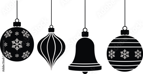 Christmas ornament silhouettes set with baubles and bell, holiday decoration icons, winter festive hanging ornaments collection isolated on white background