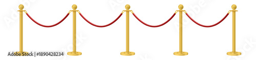 Retractable belt rack. Portable tape barrier. Red carpet with red ropes on golden stanchions. Exclusive event, movie premiere, gala, ceremony, awards concept. Vector