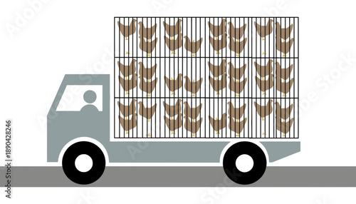 A truck transports chickens in a cage on a road