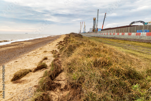Coastal erosion on the beach close to the construction site of Sizewell C nuclear power station. Sizewell, Suffolk. UK