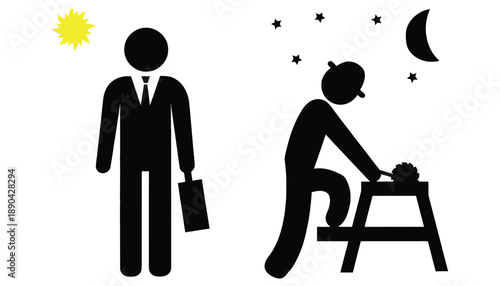 A split screen illustration of a businessman and a person working at night