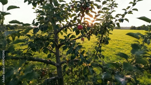 Sweeping drone aerial shot moving slowly toward a lone, highly contrasting apple tree standing prominently in a vast, empty field with one striking red apple visible contrasting, natural, Sweeping
