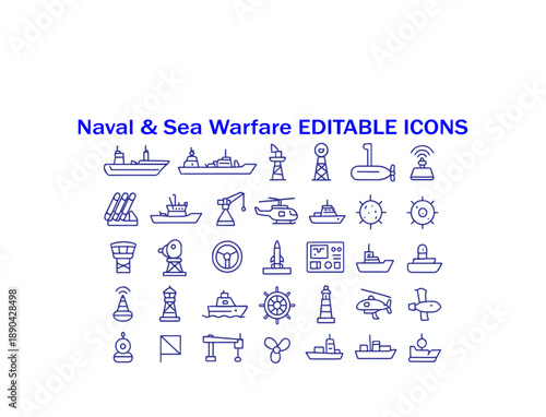 Naval and sea warfare editable icons collection featuring various military and maritime elements