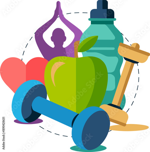 Healthy lifestyle concept, wellness illustration, yoga pose, hydration symbol, nutritious food, fitness icons, heart health, dumbbells, holistic health, balanced living, wellness habits