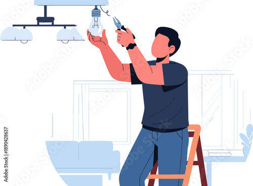 Home maintenance, light bulb replacement, DIY repair, ladder safety, indoor lighting, living room setup, electrical work, household task, personal care, domestic activity, modern lifestyle