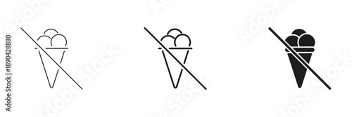 No Ice Cream Allowed Line And Solid Icon Set. Dietary Restriction, Allergy Warning, And Food Prohibition Outline And Silhouette Symbol Collection. Isolated Vector Illustration