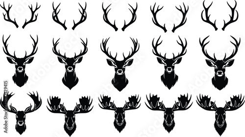 Deer and moose head silhouette collection, antlers wildlife vector set, hunting lodge animal emblems isolated on white background illustration