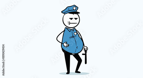 Cartoon Police Officer Standing Uniformed Holding Baton.