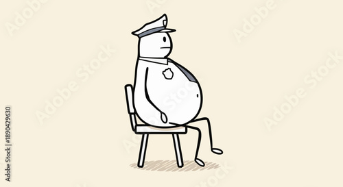 Cartoon Police Officer Sitting Chair Waiting.