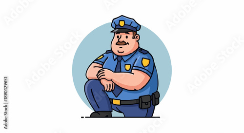 Cartoon Police Officer Sitting Down Wearing Uniform.