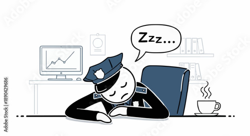 Cartoon police officer sleeping at desk with coffee.