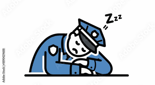 Cartoon Police Officer Sleeping at Desk.
