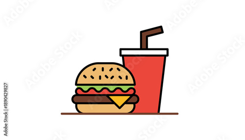 A cartoon illustration of a hamburger and a drink on a table