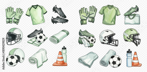 Collection of sports equipment and accessories in watercolor style, including soccer gear and American football helmets.