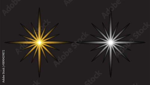 Yellow and white glowing starburst light effects on a black background for design elements