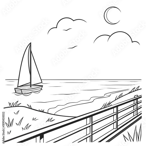 A serene sailboat glides across a calm sea under a moonlit sky with distant clouds.