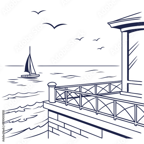 Seaside balcony view with sailboat and seagulls over ocean water