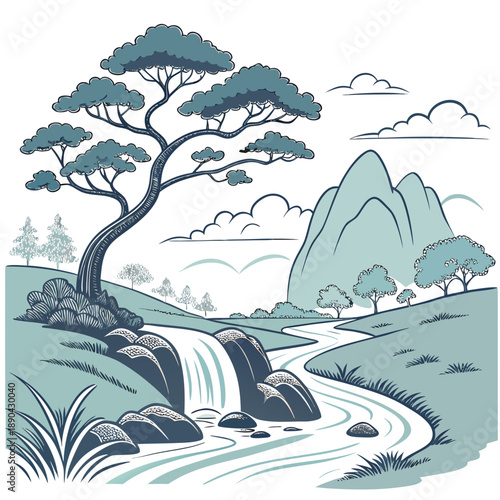 A serene landscape featuring a winding river and a solitary tree on a hillside