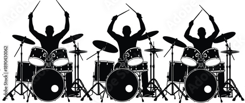 Silhouette of a drummer musician playing drum kit instrument, set of various movement postures, cad drawing flat vector illustration, music performance icon