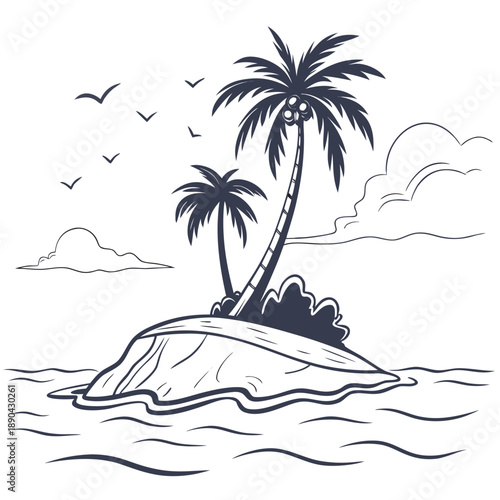 A serene island with palm trees and a small hut in the middle of the ocean.