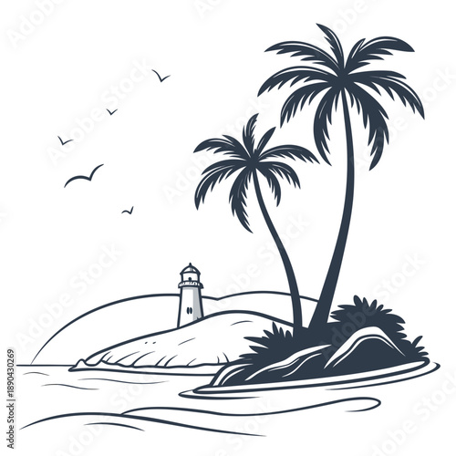 A serene tropical island with palm trees and a lighthouse in the distance